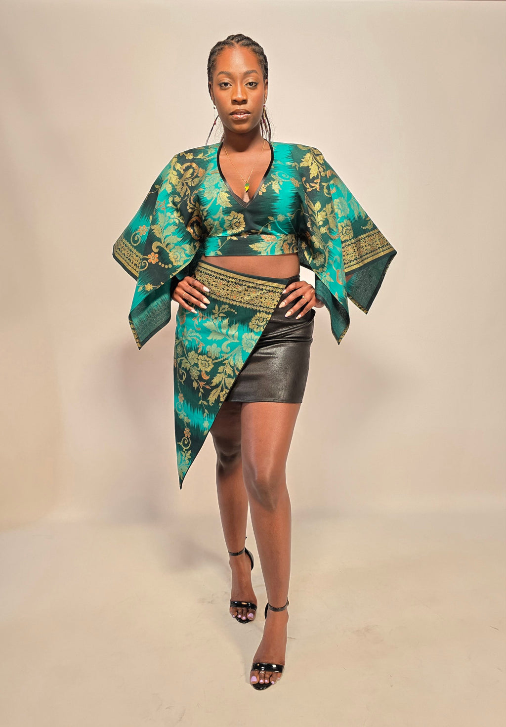 Ensemble femme wax vert et similicuir noir – S.Keïdgi