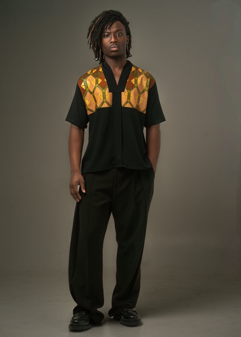 Chemise Kofi wax Kente et crêpe vert sapin – S.Keïdgi