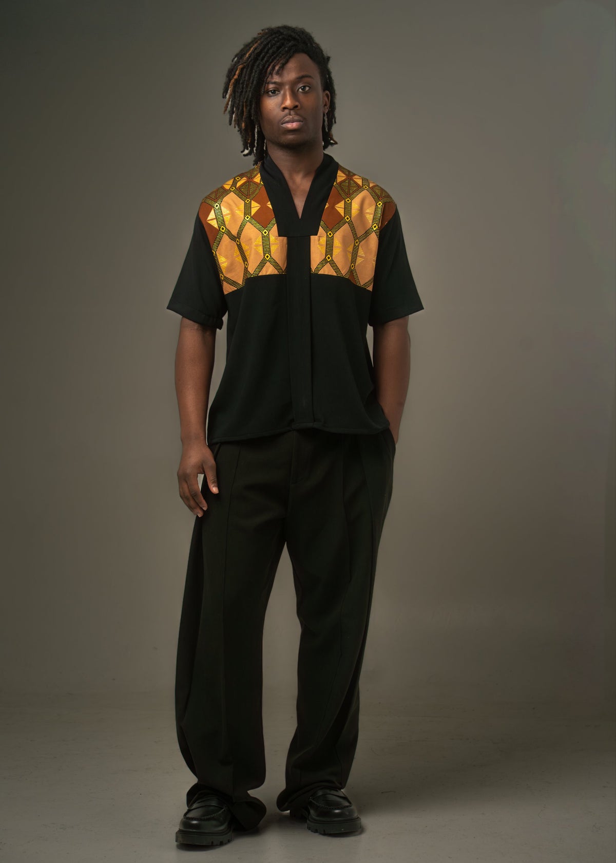 Chemise Kofi wax Kente et crêpe vert sapin – S.Keïdgi