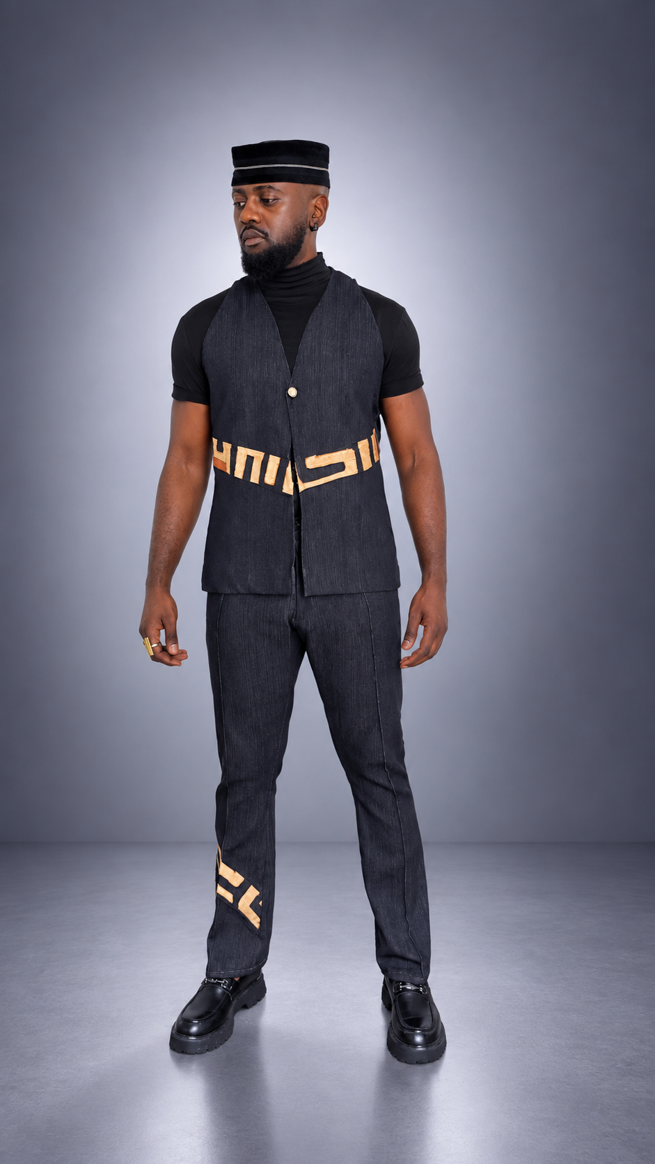 Pantalon BOKONZI – Denim Noir & Raphia Kuba Congo – vue 2 – S.Keïdgi