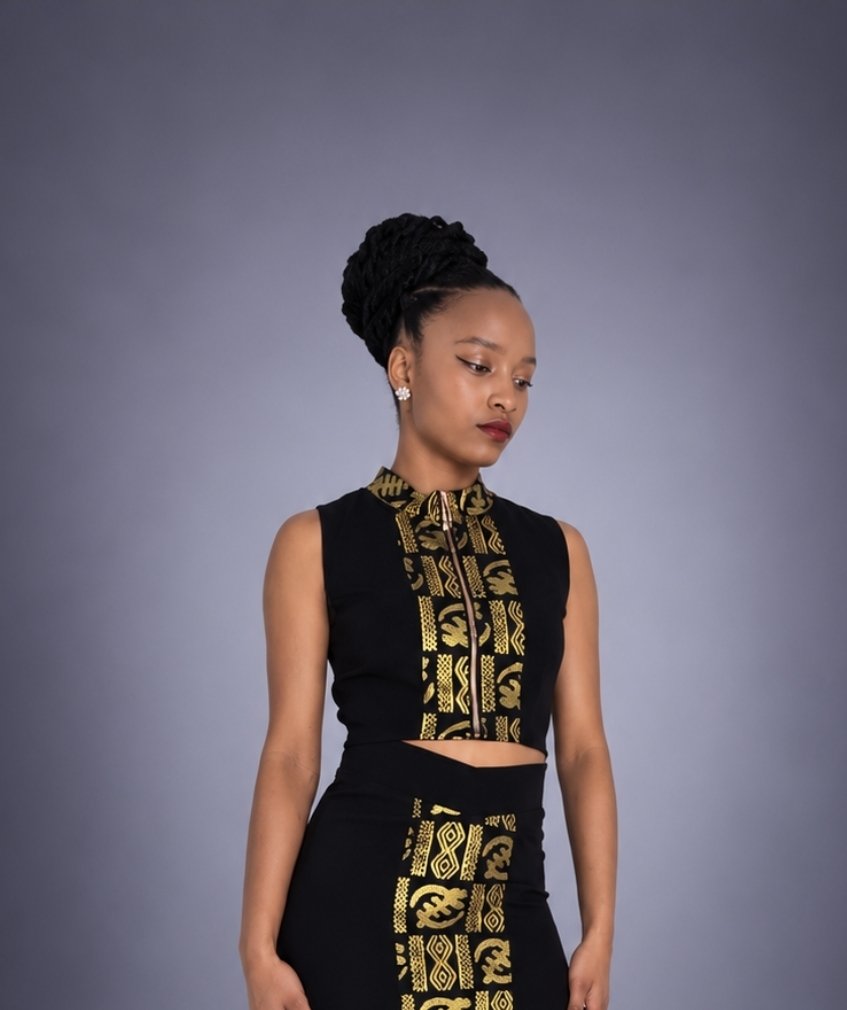 Crop Top NGUYA – Wax Noir & Or, Col Mao – vue 3 – S.Keïdgi