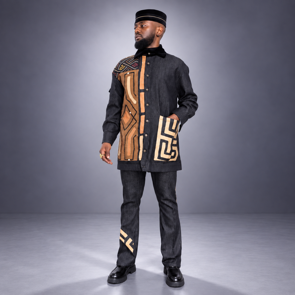 Veste en jean BOKONZI denim noir et raphia Kuba – S.Keïdgi