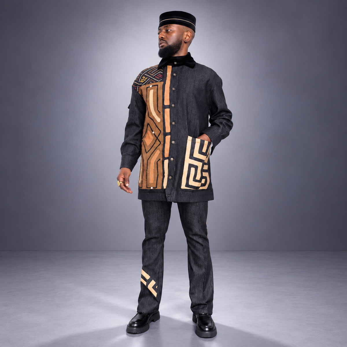 Veste en jean BOKONZI denim noir et raphia Kuba – S.Keïdgi