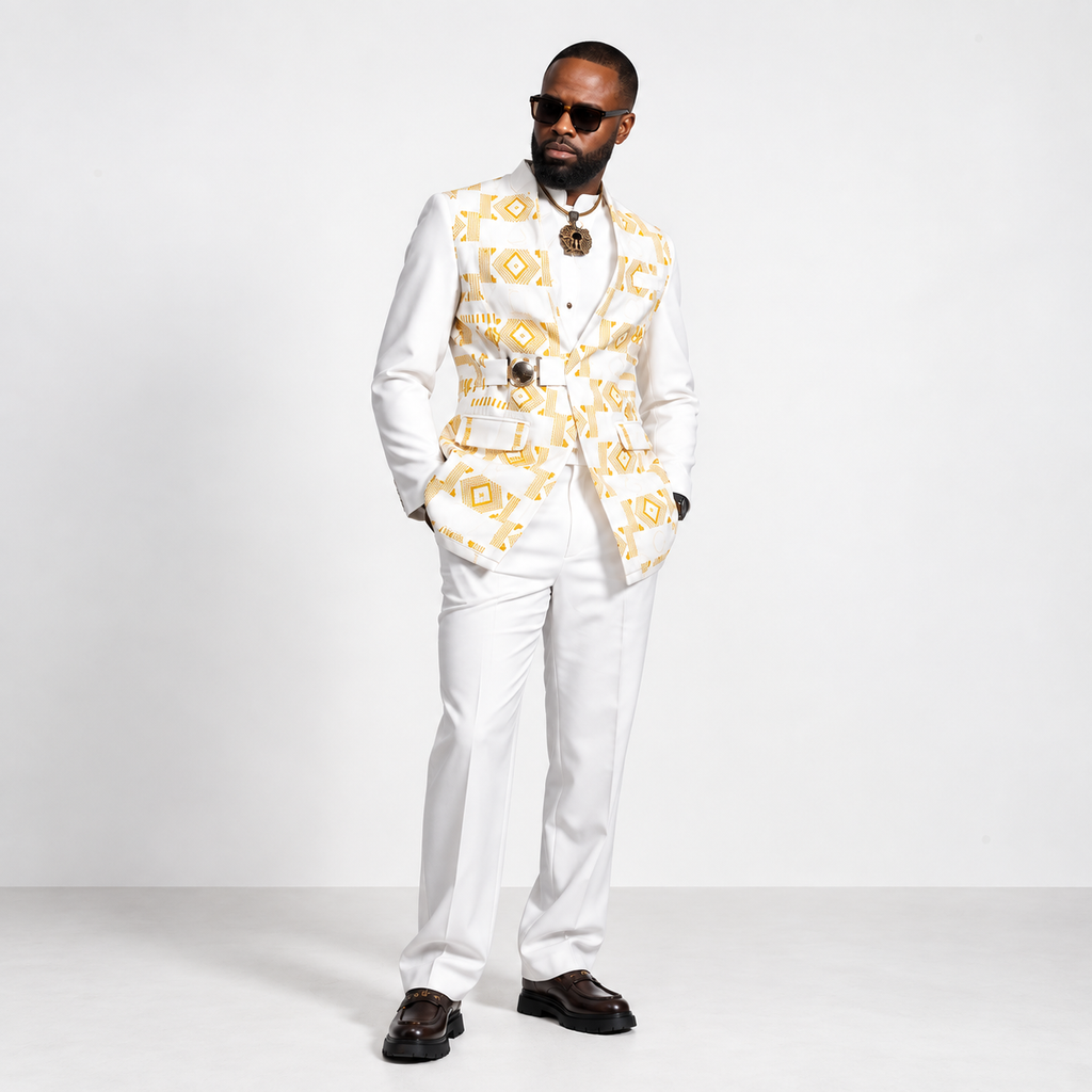 Veste MOKONZI en kente blanc et or – S.Keïdgi